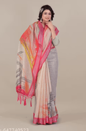 Fancy linen cotton digital printed saree with blouse