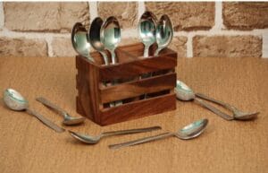 Handicraft Exim Wooden Cutlery Holder | Rustic Kitchen Organizer | Tabletop Storage