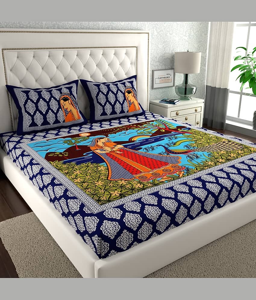 ABHACLOTHO Cotton 1 Double Bedsheet with 2 Pillow Covers ( Blue )
