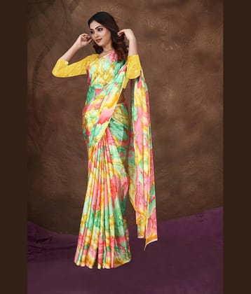 JIHANA FAB Chiffon Printed Saree With Unstitched Blouse Piece ( Yellow )