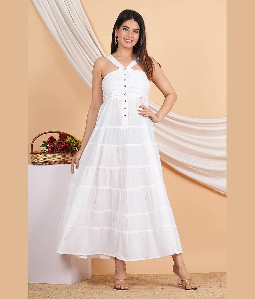 Akiko Women Cotton Solid Fit & Flare Dress ( White )