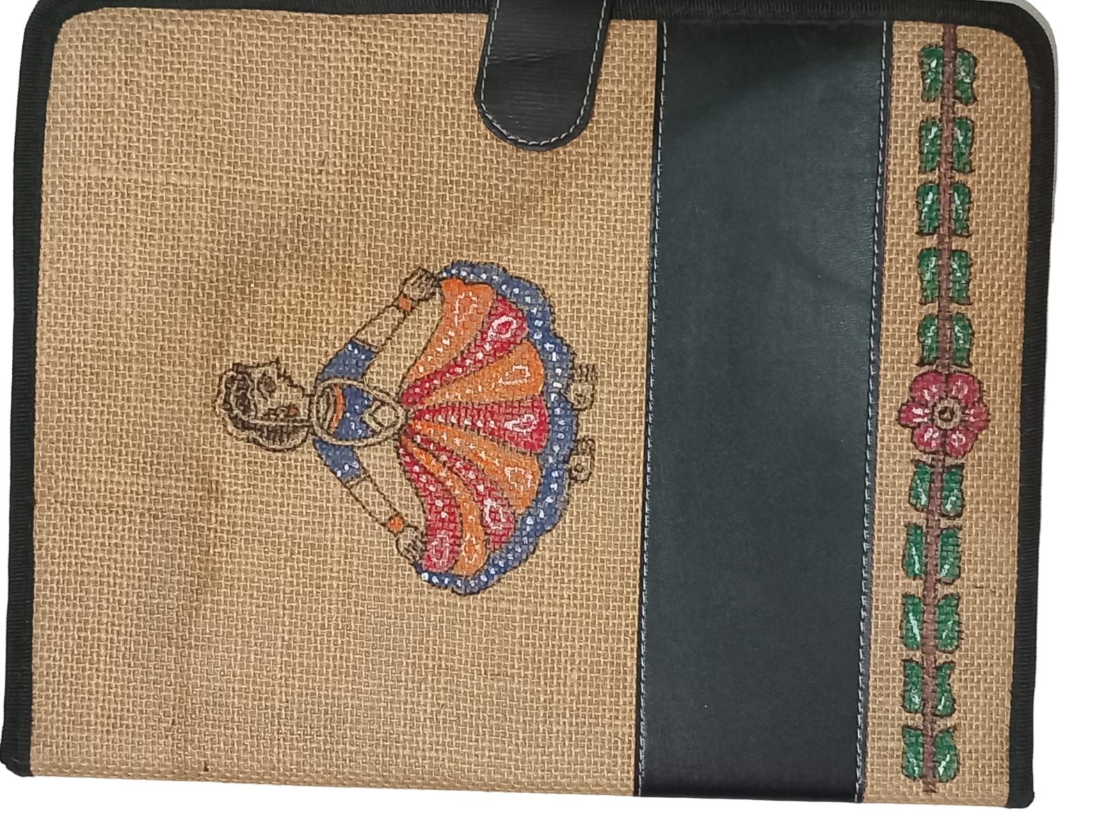 Handmade Tikuli Painting Jute File Folder - Eco-Friendly Document Organizer with 2 Compartments for A4 Size