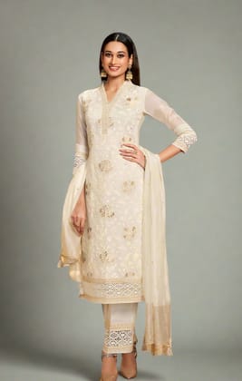 Nayab Zuleikha Ivory Embroidered  Kurta Pant and Dupatta Set-S / White/Gold / White/Gold