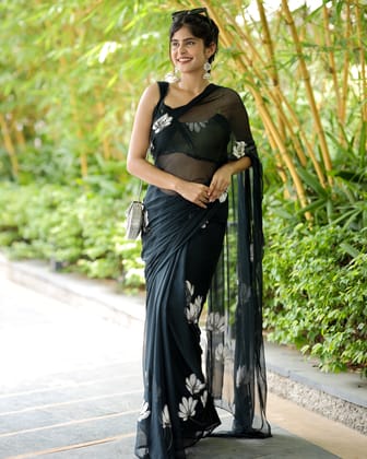 Black Georgette Saree with Hand-Painted White Florals – Attached Blouse – 5.5 Meters-Regular
