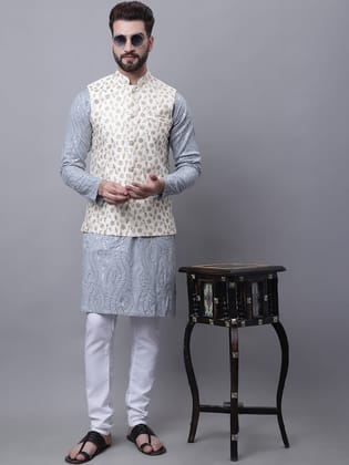Men's Pure Cotton Grey Kurta and White Pyjama With Cream Nehru Jacket Set-38