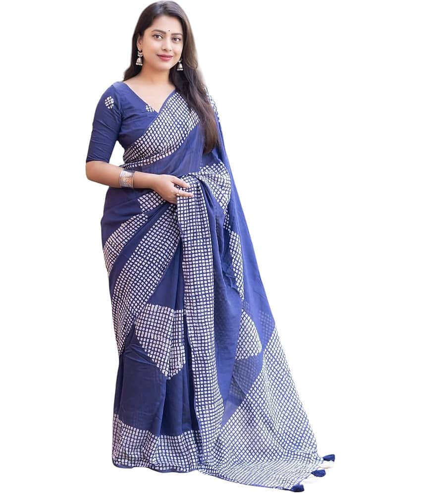 Bhuwal Fashion Linen Printed Regular Saree With Unstitched Blouse Piece ( Blue )