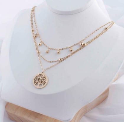 Stainless Steel Life Of Tree Multi Layered Necklace- STNK 50