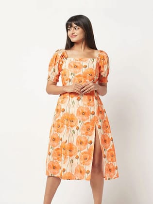 Orange Floral Slit Dress