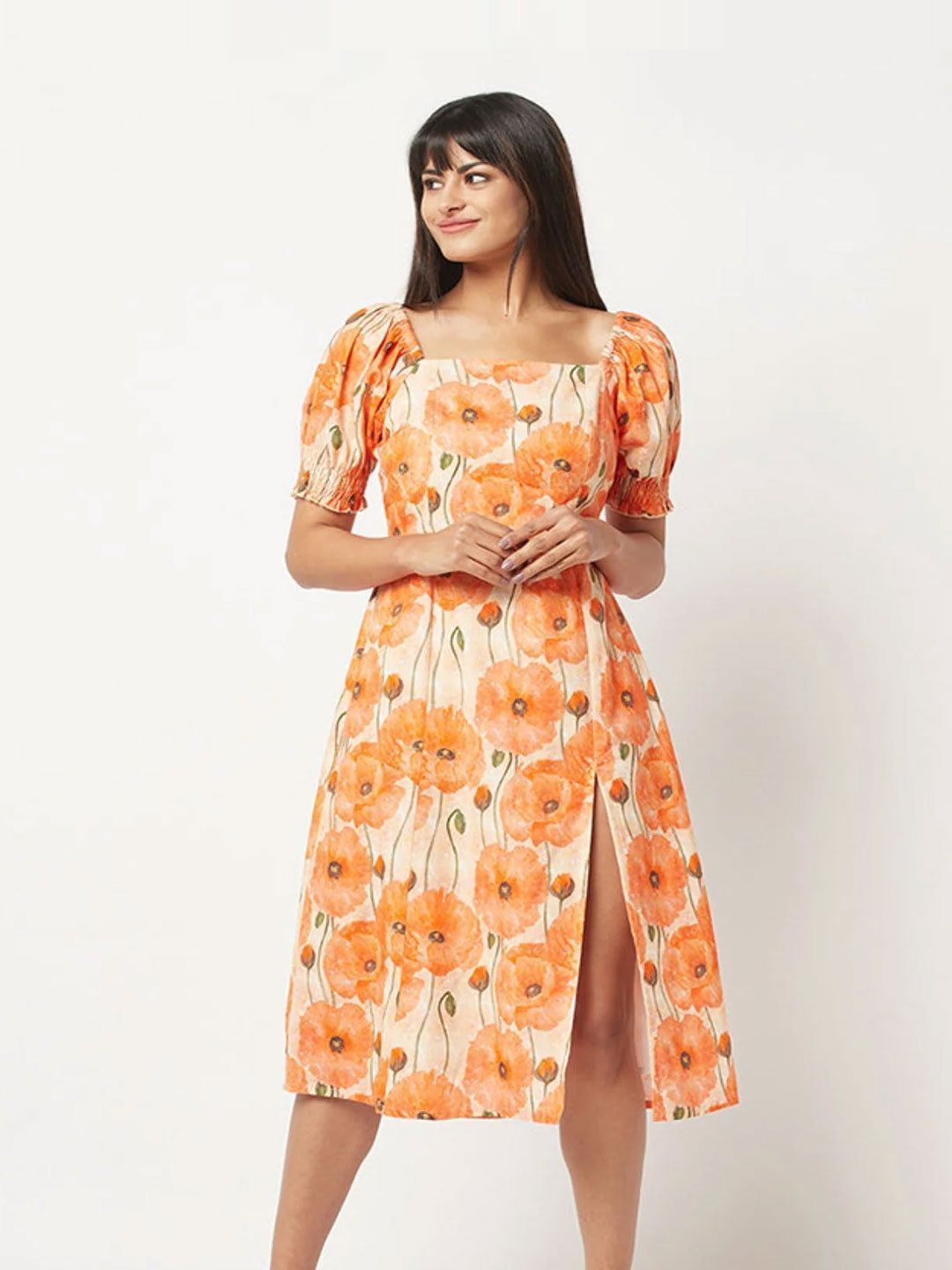Orange Floral Slit Dress