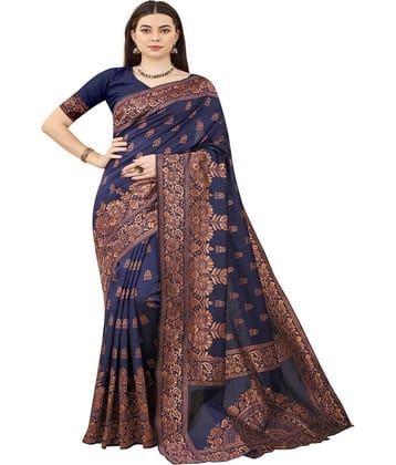 NENCY FASHION Banarasi Silk Embellished Saree With Unstitched Blouse Piece ( Navy Blue )