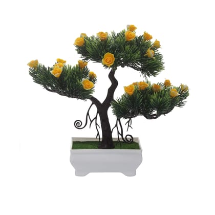FOLIYAJ Artificial 3 Headed Bonsai Tree with Bushy Leaves and Yellow Roses