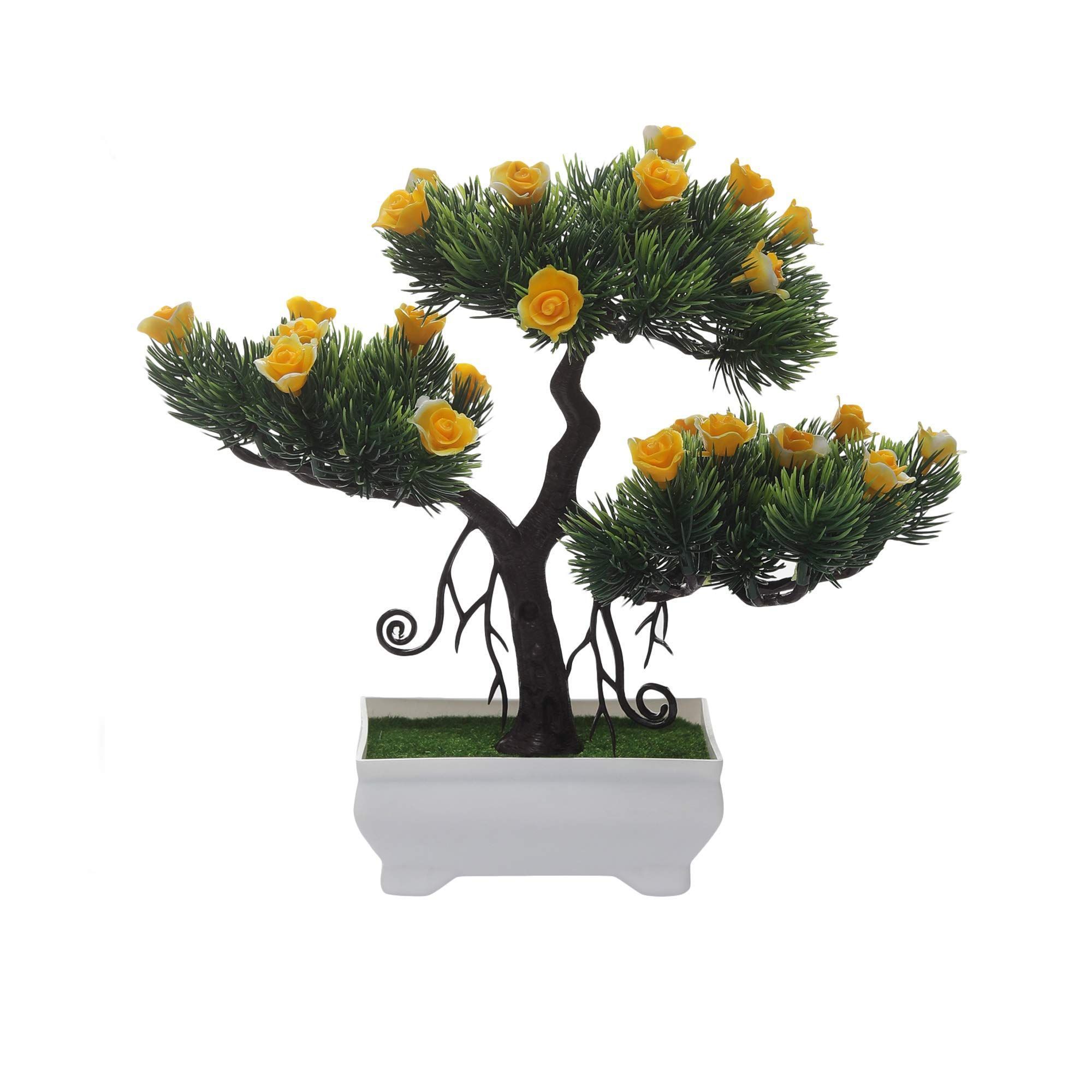 FOLIYAJ Artificial 3 Headed Bonsai Tree with Bushy Leaves and Yellow Roses