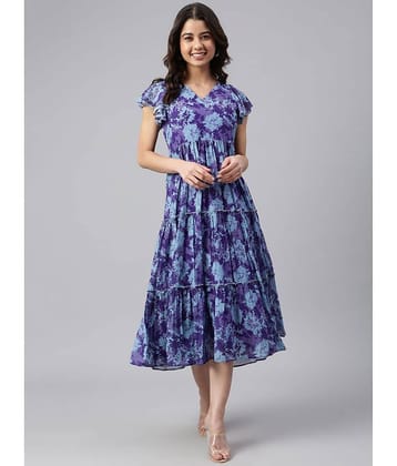 Janasya Women Georgette Printed Fit & Flare Dress ( Blue )