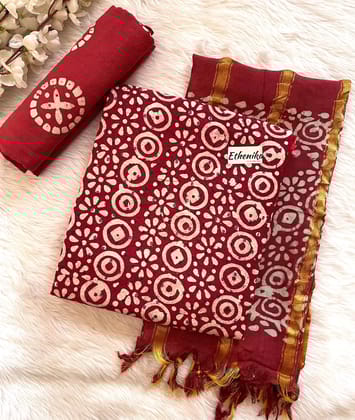 Hand Blocked Wax Batik Dress Material with Fumka work Dupatta (Unstitched)-Rust