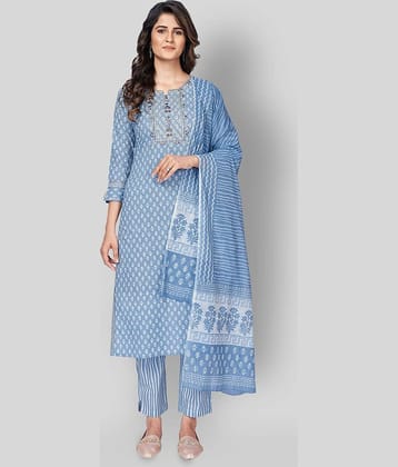 Vbuyz - Light Blue Straight Cotton Women's Stitched Salwar Suit ( Pack of 1 )