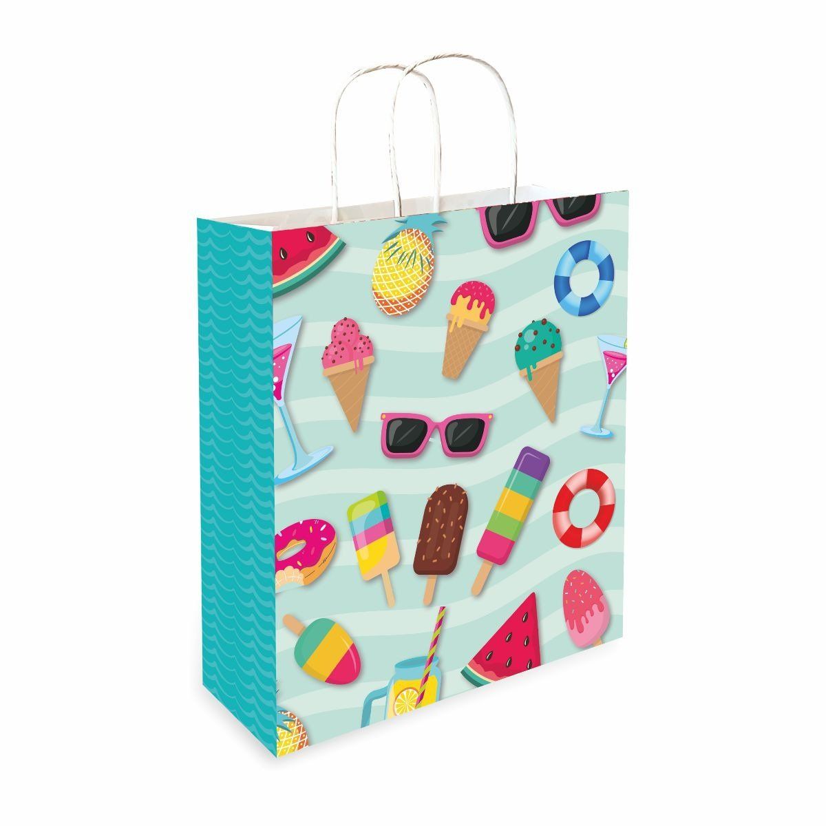90 GSM Pool Party Ice Cream Theme Printed Attractive Small Party Paper Gift Bags, Ideal For Birthday Return Gifts, Kids Party, & Gifting On Special Occasions (Size:9.4x7.9x3 inch) - 12