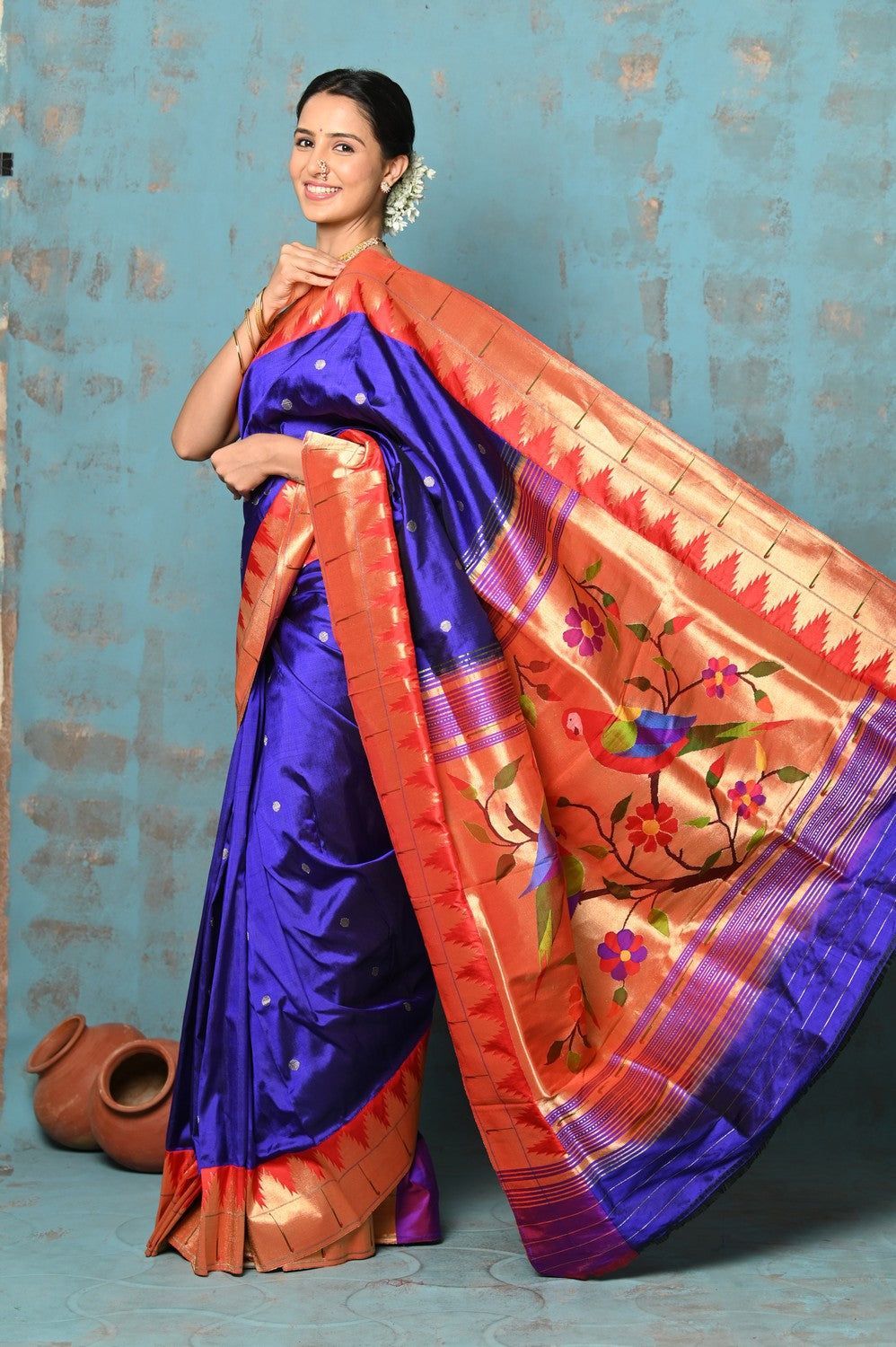Tyohaar Premium Temple Border ~ Signature Weave! Handloom Pure Silk Paithani Saree with Exclusive Temple Border ~ Royal Blue
