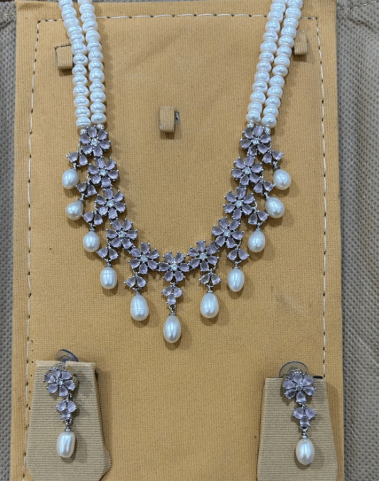 HYDERABAD NATURAL FRESH WATER TWO LAYER PEARL SET WITH PINK COLOUR FLOWERS