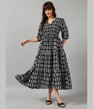 Femvy Women Crepe Printed Fit & Flare Dress ( Black )