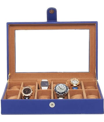 Leather World 12 Compartments 5.5 Liter Blue PU Leather Designer Watch Box Case with Clasp Closure Travel Bag