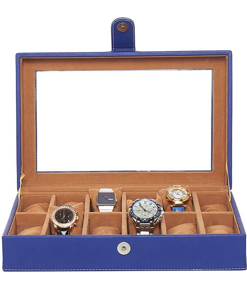 Leather World 12 Compartments 5.5 Liter Blue PU Leather Designer Watch Box Case with Clasp Closure Travel Bag
