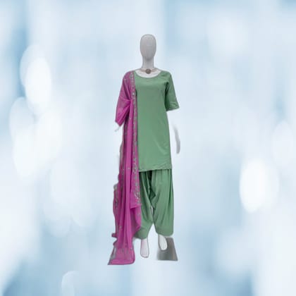 Women's Pastel Green Salwar Suit Set with Contrast Pink Dupatta | Embroidered Ethnic Wear | Festive & Casual
