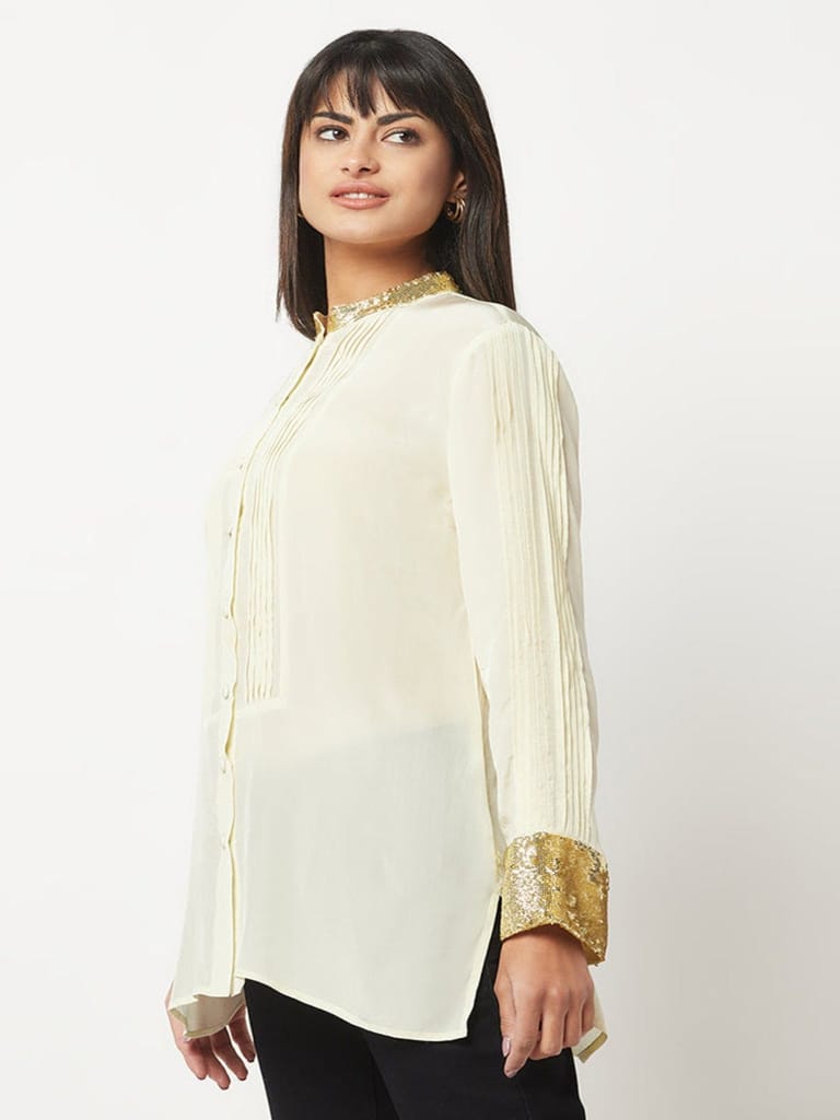 Green Embellished Silk Shirt