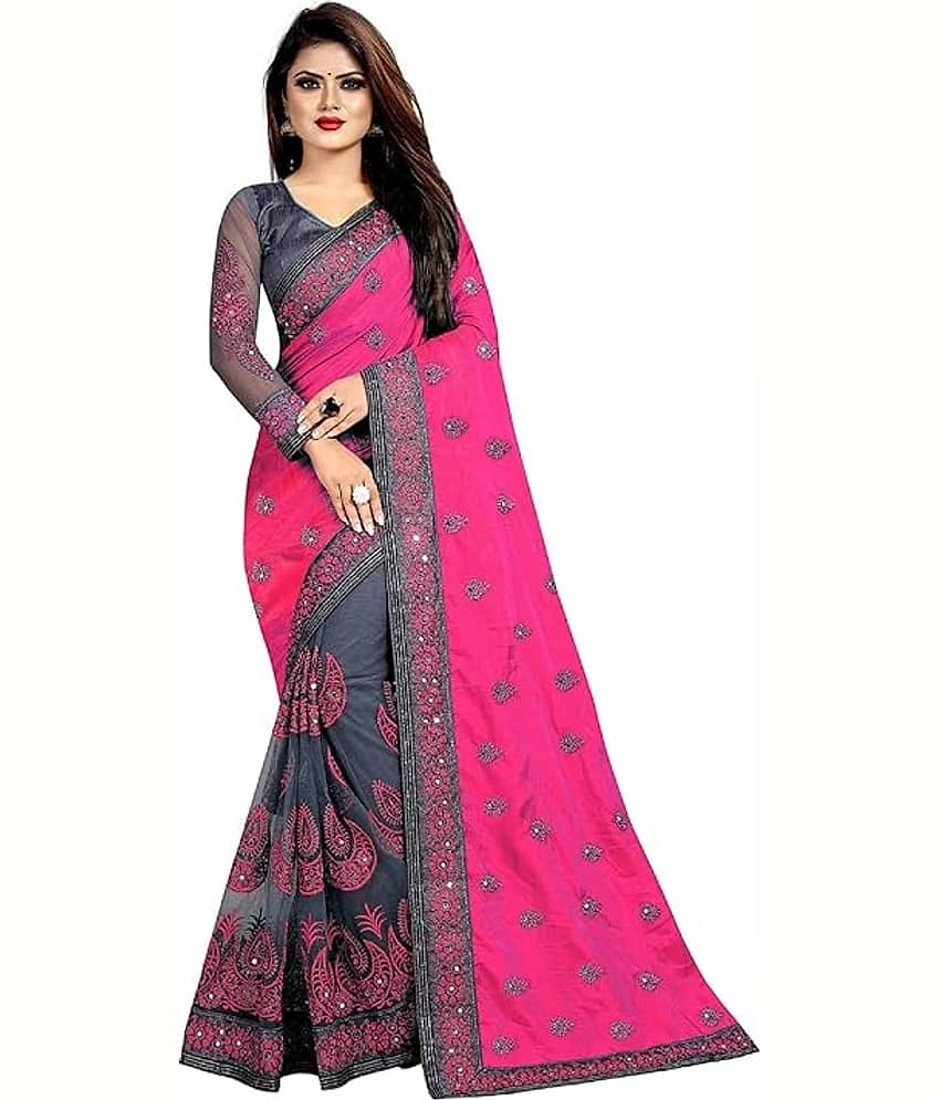 Samai Net Embellished Saree With Unstitched Blouse Piece ( Pink )