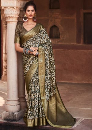 Olive Brown Banarasi Soft Silk Saree With Digital Print