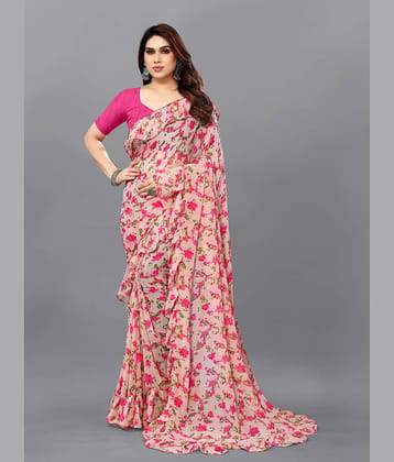 SARIK  FASHION Chiffon Printed Saree With Unstitched Blouse Piece ( Pink )