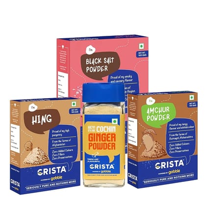 CRISTA Daily Ground Spices (Masala) Combo Pack (Amchur Powder 100 gm, Black Salt Powder 500 gm, Ginger Powder 40 gm & Hing 100 gm) - Pack of 4