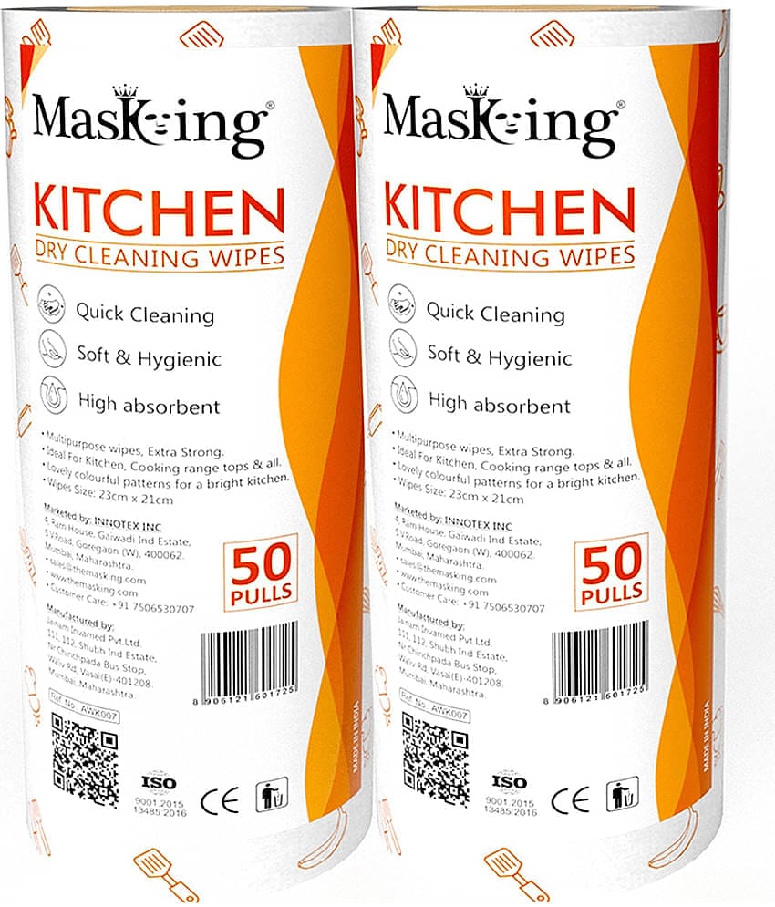 Masking Non-Woven Reusable & Washable Multi Surface Cleaner Wipes Orange 100 no.s Pack of 2