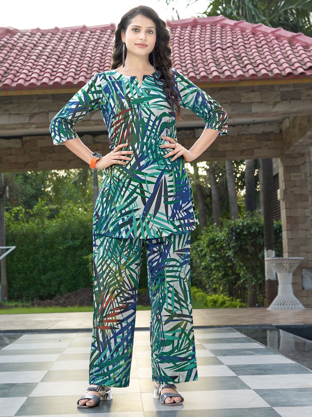 Blue And Green Printed Straight Rayon Blend Co-Ord Set-S