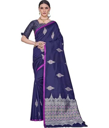 Sariya Jacquard Embellished Saree With Unstitched Blouse Piece ( Navy Blue )