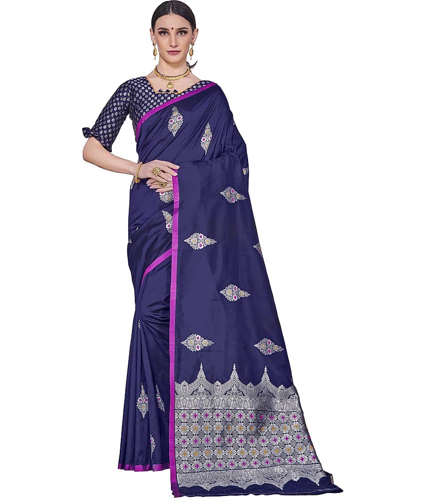 Sariya Jacquard Embellished Saree With Unstitched Blouse Piece ( Navy Blue )