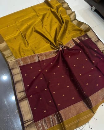 Enigmatic Maheshwari Pure Silk Meena Buti Mustard Saree