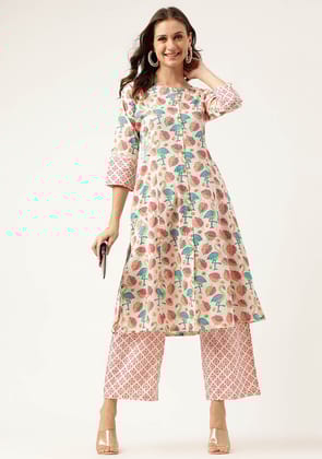 Cream Floral Cotton Kurta with Pant Set-XS
