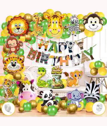 Zyozi Jungle Safari Birthday Decoration Kids,Animal Birthday Party Decoration Banner with Balloons, Cake Topper,Foil Balloons, Cardstock Cutout,Glue & Arch Kit for Boy Birthday(Pack of 68)