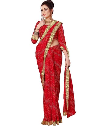 Kanooda Prints Georgette Printed Regular Saree With Unstitched Blouse Piece ( Red )