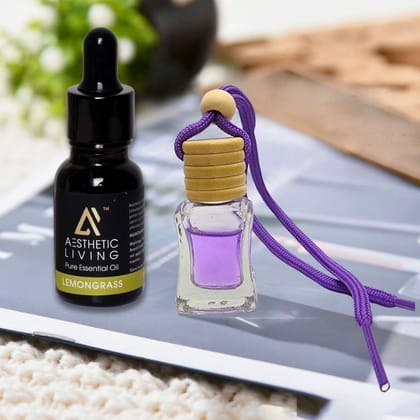 Aesthetic Living Car Aromatizer/ Diffuser Bottle with Essential Oil (Square Transparent Shape-8 ml+ Lemongrass Essential Oil- 15 ml)