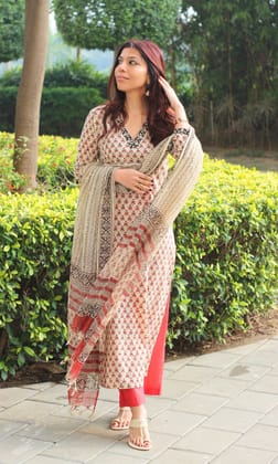 Cotton Handblock Beige & Red Booti Suit with Kota Doria Handblock Printed Dupatta-3XL