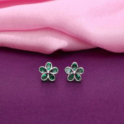 Sterling Silver Colorful Floral  Stud Earrings-Green Stone / Silver