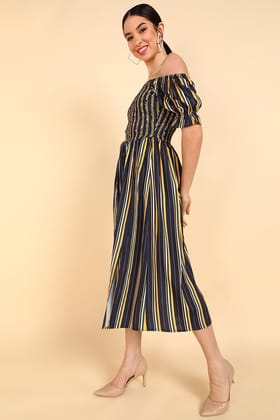 Navy Blue Polyester Striped Off Shoulder Midi Dress VD1181 Navy Blue Polyester Striped Off Shoulder Midi Dress VD1181