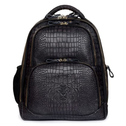 Smokey Grey Embossed Lion with Mini Lion Logo Croco Textured Hand Painted Leather Backpack by Brune & Bareskin-FS