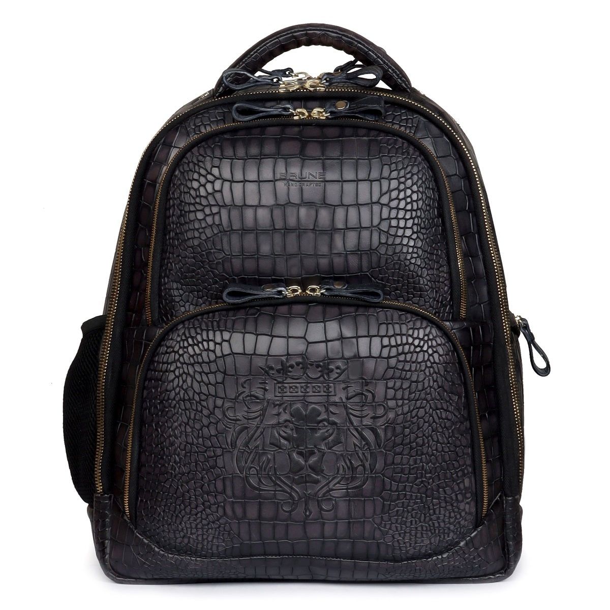 Smokey Grey Embossed Lion with Mini Lion Logo Croco Textured Hand Painted Leather Backpack by Brune & Bareskin-FS