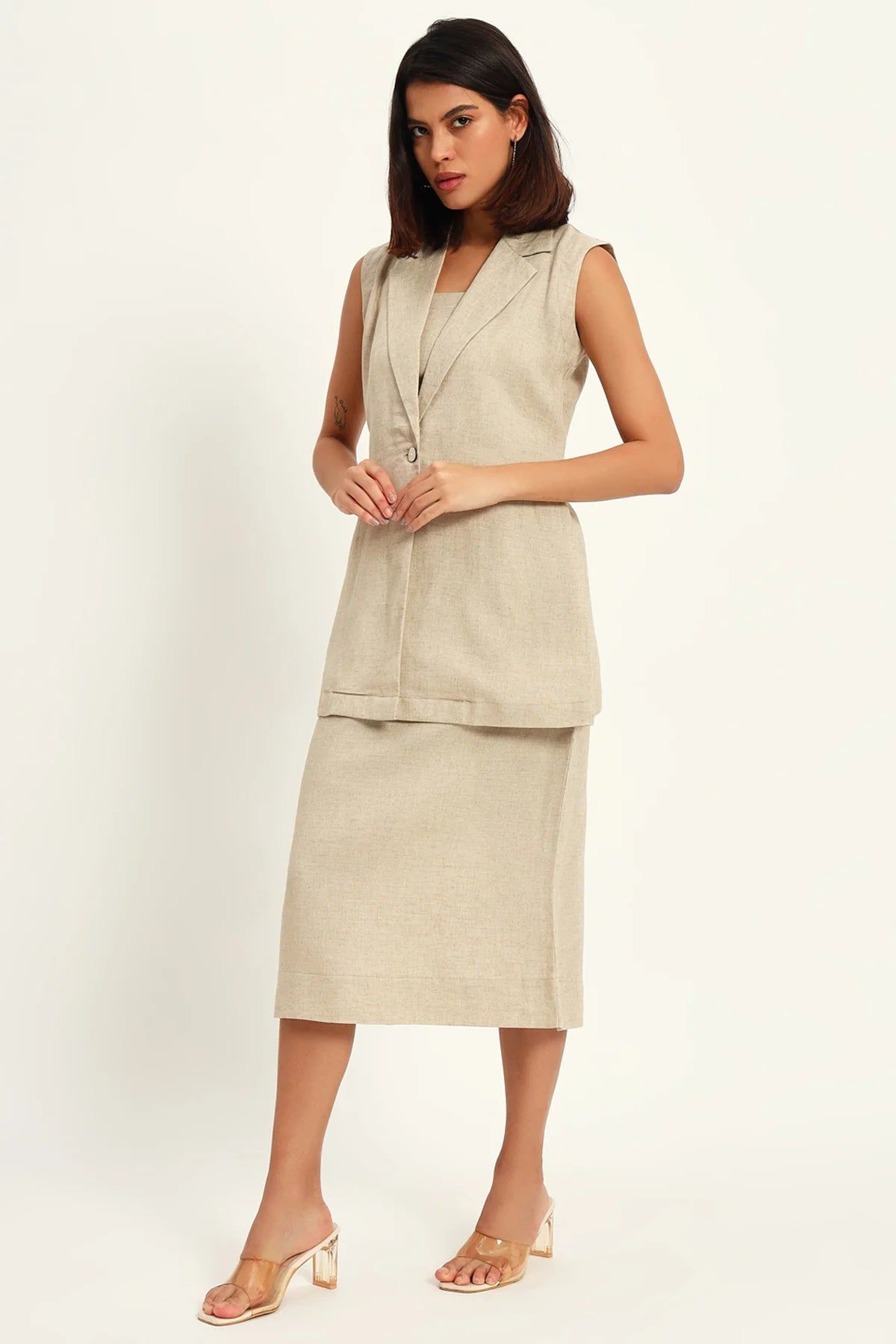 Luxe Linen Trio Jacket with Skirt Co-ord Set, Beige-XS / XS