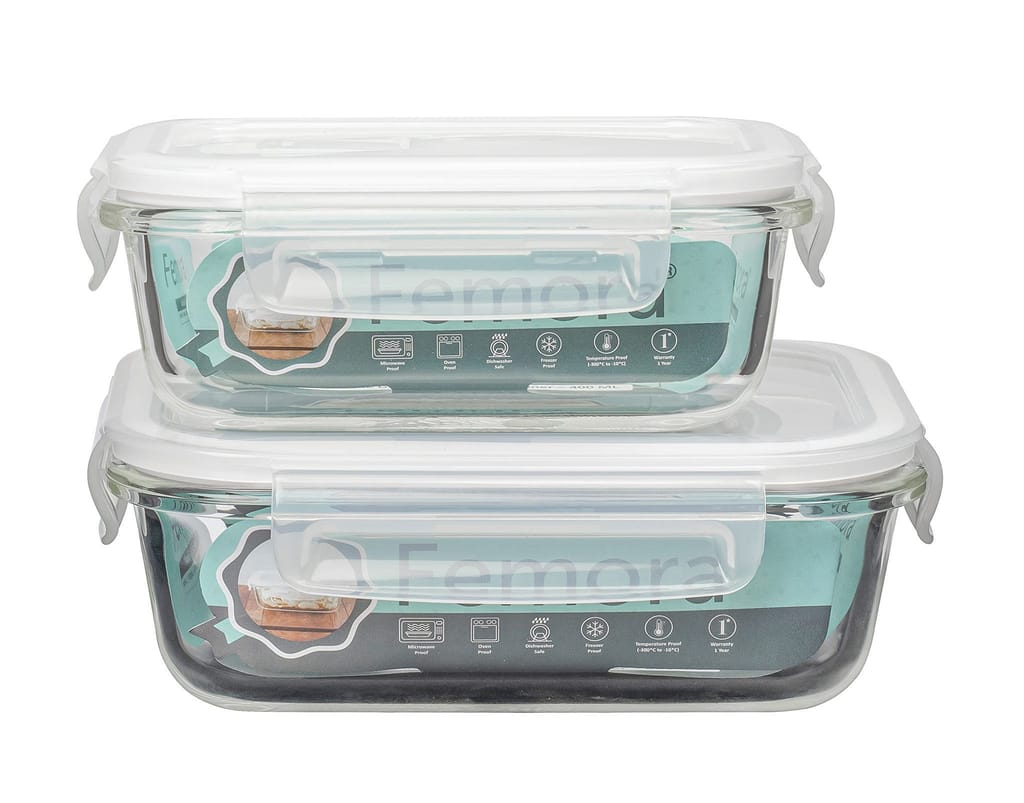 Femora Borosilicate Rectangle Glass Food Storage Container with Air Vent Lid-400ml,620ml(Set of 2)
