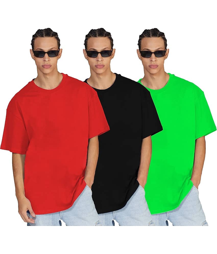 Leotude Pack of 3 Cotton Blend Oversized Fit Men's T-Shirt ( Red )