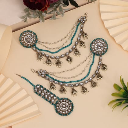 Cool Turquoise Blue Color Kundan Earrings With Maang Tikka-Chain Length: 10.00 CM | Earring Length: 3.50 CM x Width: 3.50 CM / Blue / Alloy With Good Quality Mehndi Gold Plated