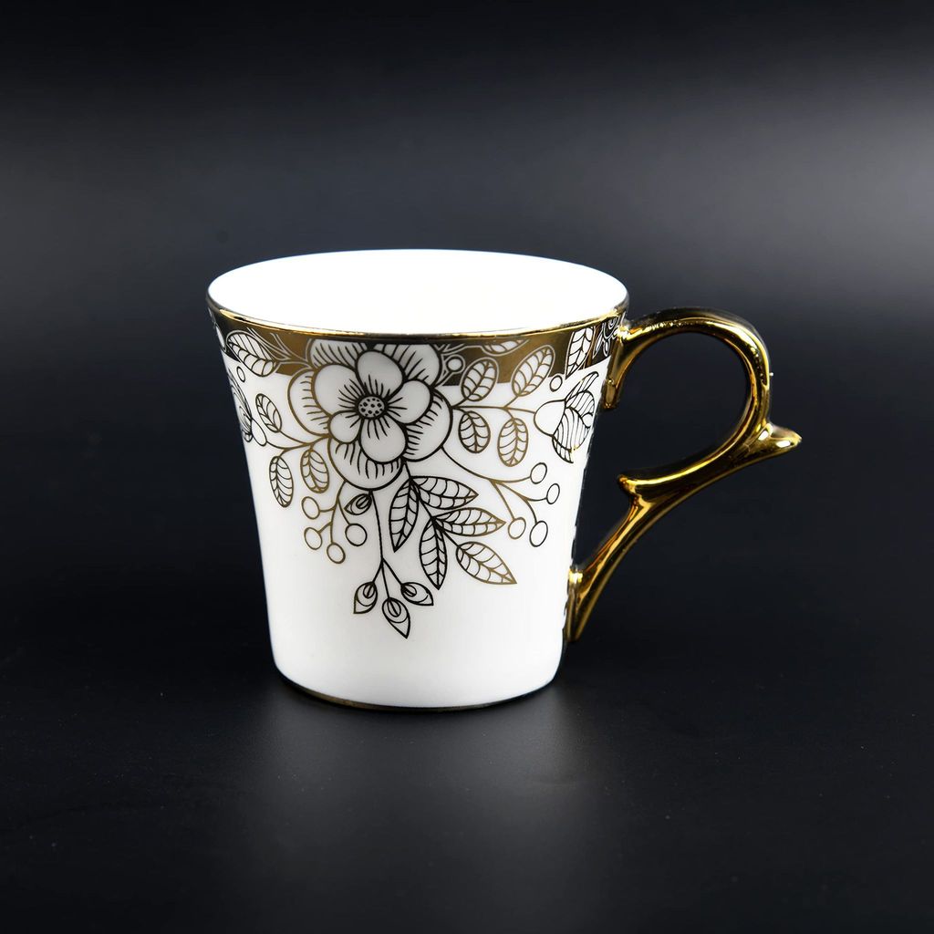 Femora Gold Floral Buds Leaves Tea Mugs, Ceramic Tea Cups, Coffee Mugs (160 ml) - 6 Pcs Set